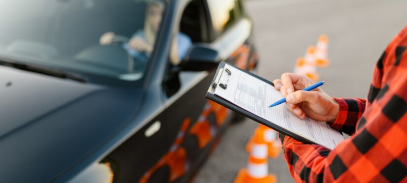 Instructor with checklist and woman in car, exam